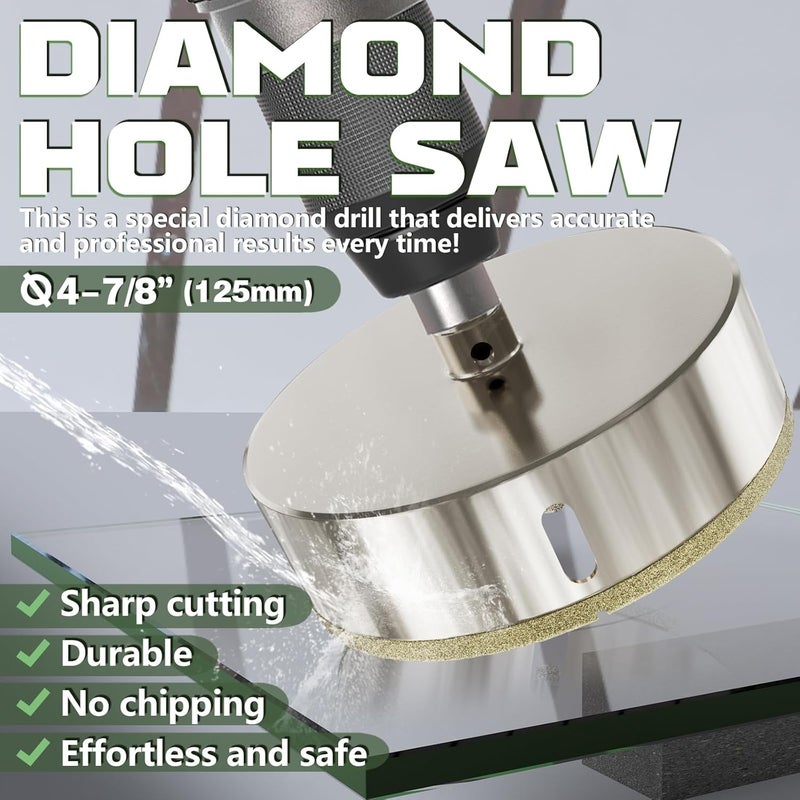 CSOOM 4-7/8"（125mm) Diamond Hole Saw with Center Drill Bit, One-Touch Positioning, Easy to Penetrate Hard Materials Such as Ceramic, Tile, Glass, Granite, Marble, etc. - Image 3